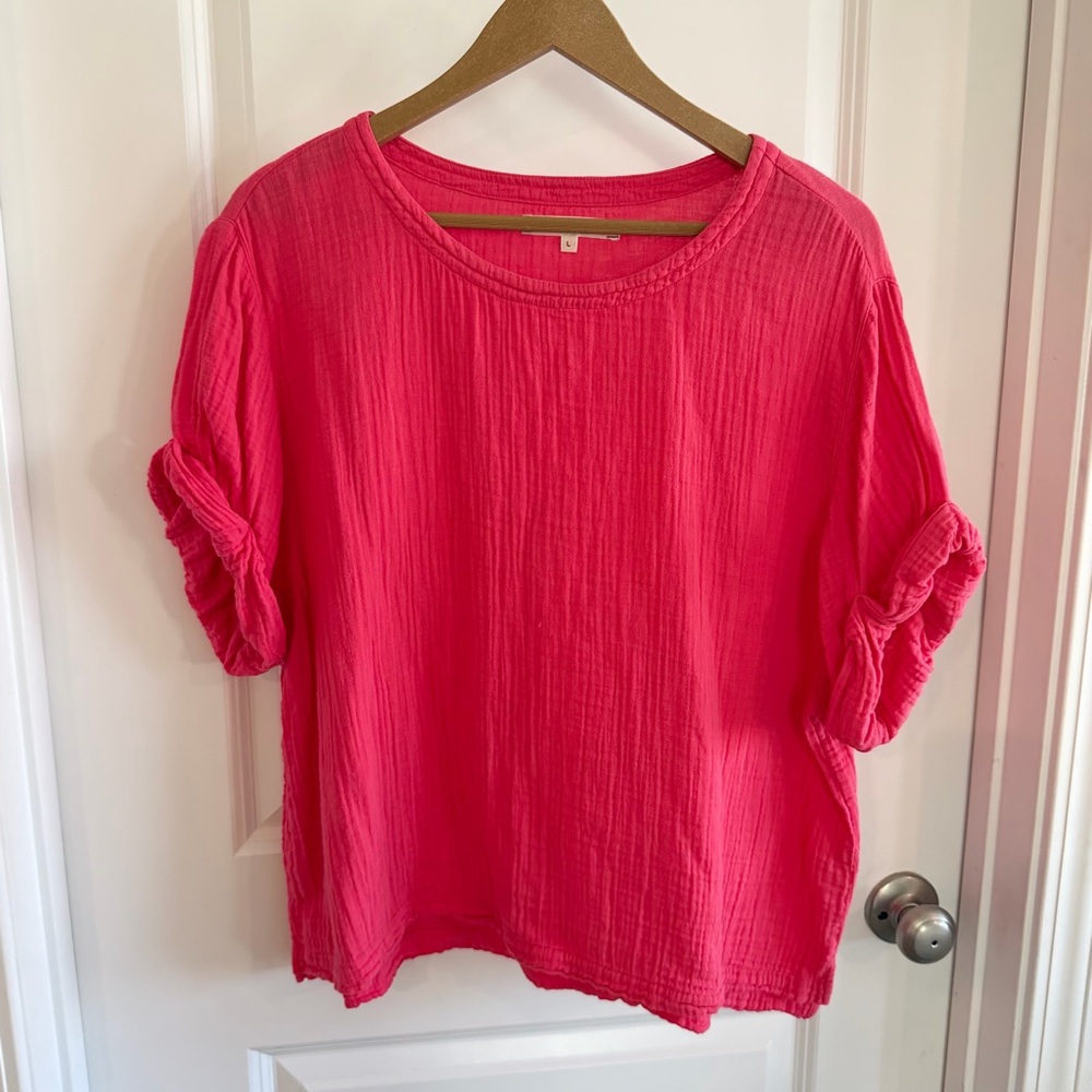 Xirena Gauzy Cotton Shirt Large Pink Pullover Short Sleeve Spring Summer Beach